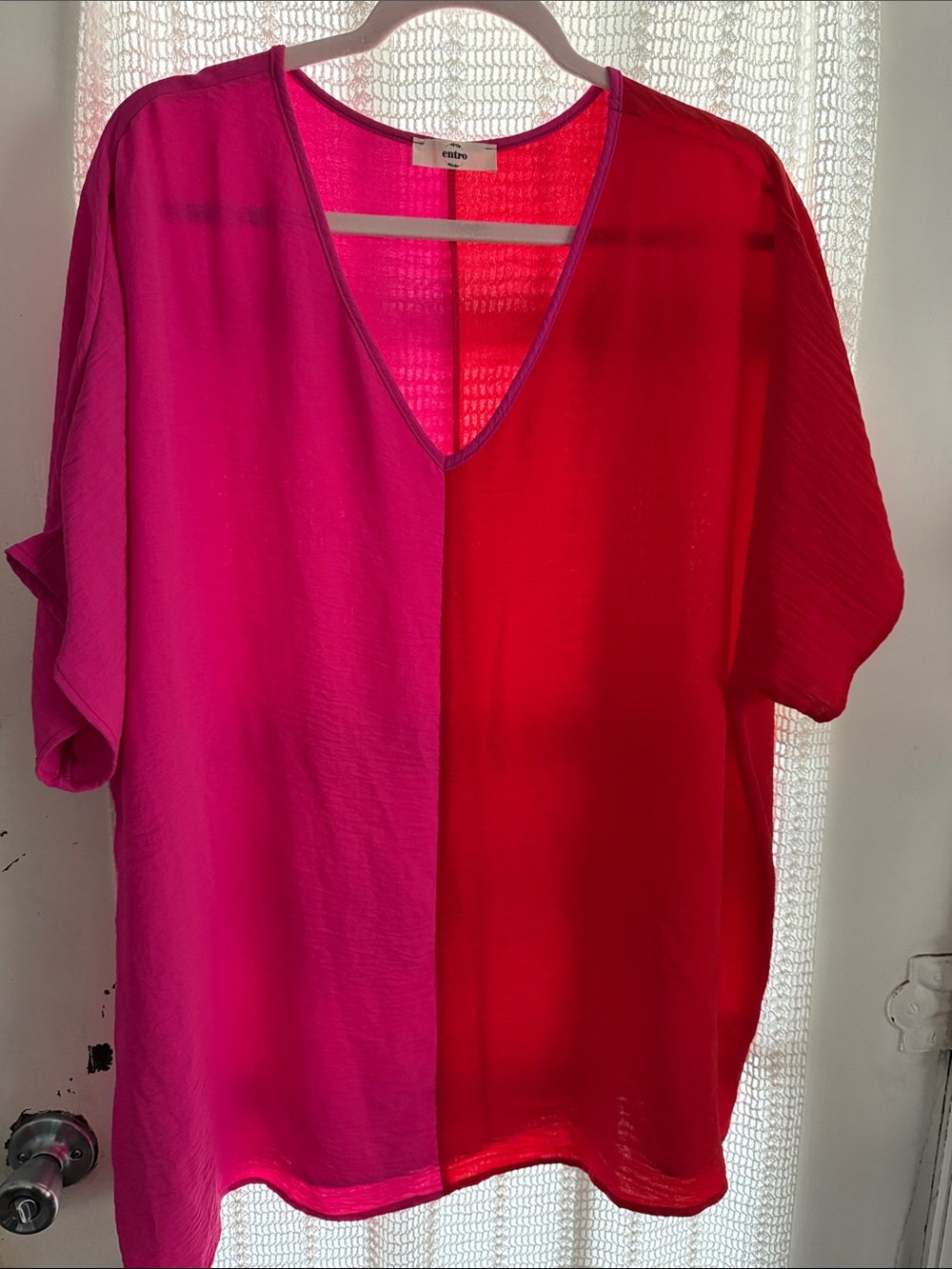 Entro Two-Tone Hot Pink & Cherry Red V-Neck Tunic - 2x
